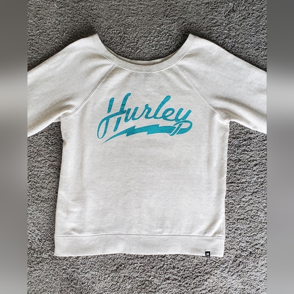 💚5/$25 Hurley Womens Pullover Boat Wide Neck Gray & Turquoise Print Sweatshirt - Picture 2 of 6
